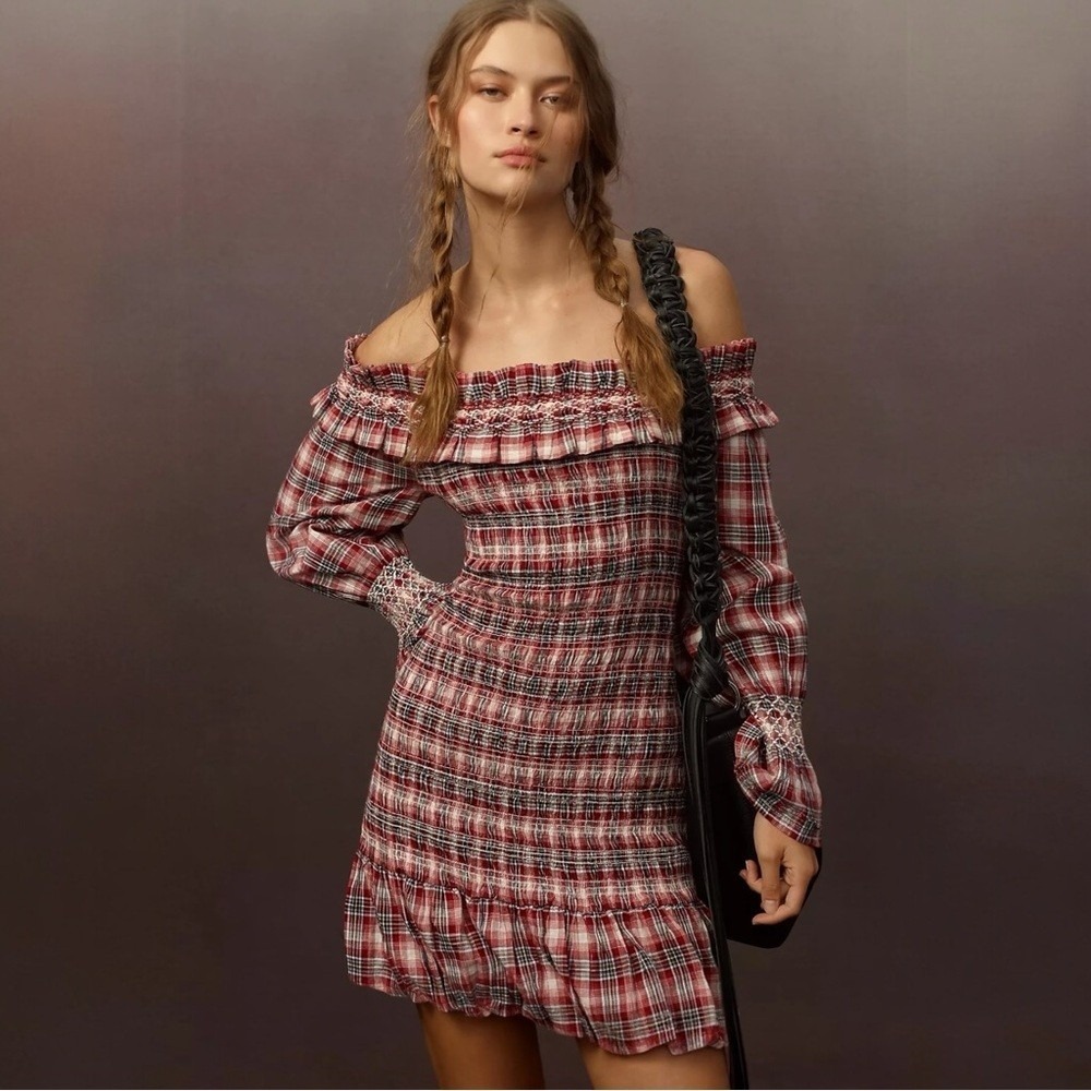 Anthropologie Pilcro Smocked Plaid Mini Dress Size XS Off Shoulder 100% Cotton